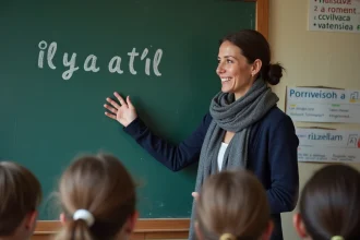 Professeure de français devant un tableau avec il y a t il