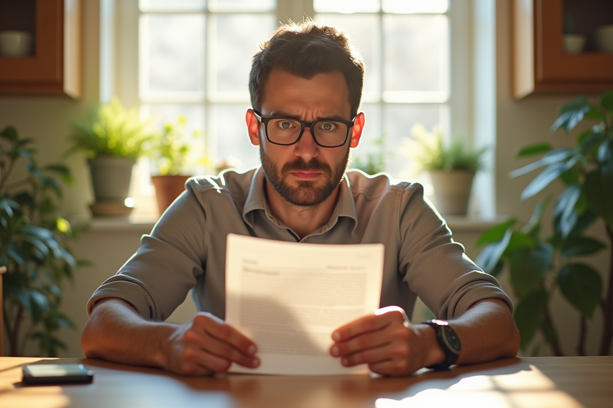 Un propriétaire inquiet lisant une lettre officielle à la maison