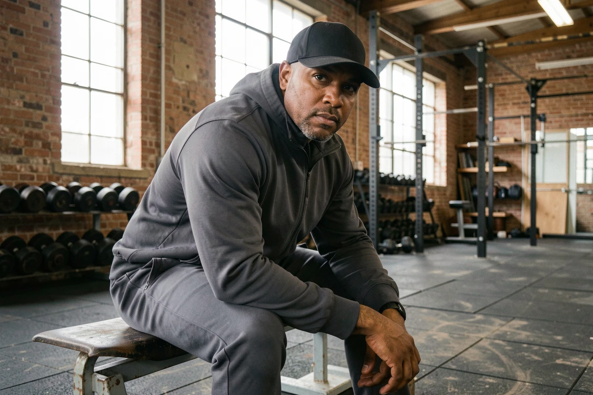 Rappeur grand et athlétique en survêtement gris assis dans une salle de sport urbaine avec murs en briques