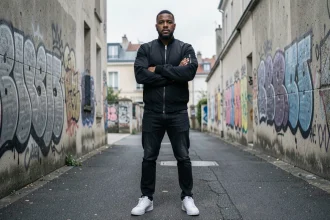 Rappeur de grande taille en veste bomber noire posant devant un mur de graffitis dans une banlieue parisienne
