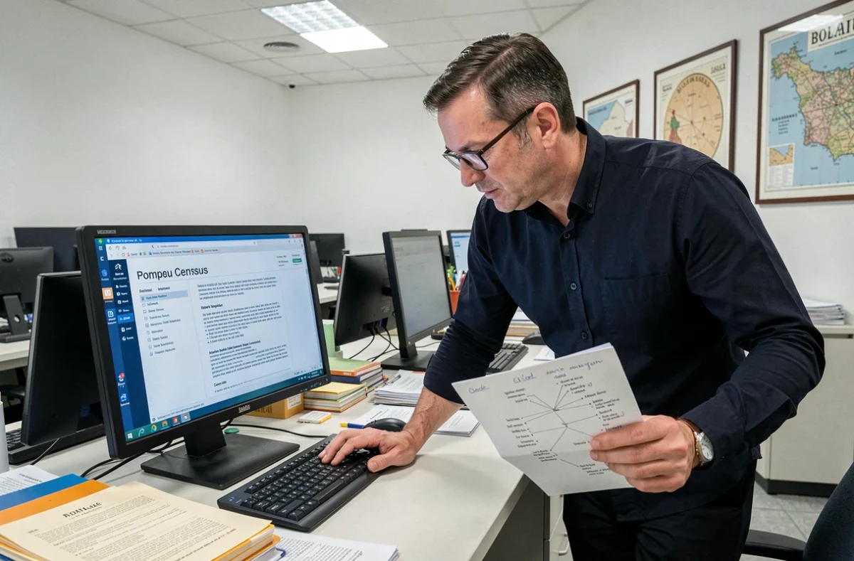 Homme consultant des archives numérisées de recensement sur ordinateur dans un centre de recherche généalogique moderne