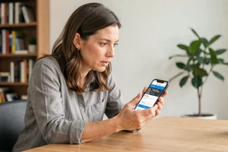 Femme consultant un site de recherche inversée de numéro de téléphone sur son smartphone dans un bureau à domicile