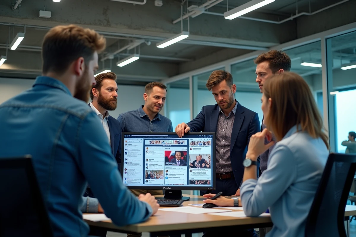 Équipe de journalistes dans une rédaction moderne analysant un phénomène viral et politique sur les réseaux sociaux