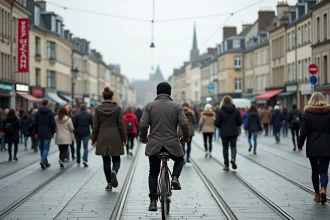 Foule de piétons et cyclistes traversant une place urbaine animée de Rennes, illustrant la croissance démographique de la ville en 2026