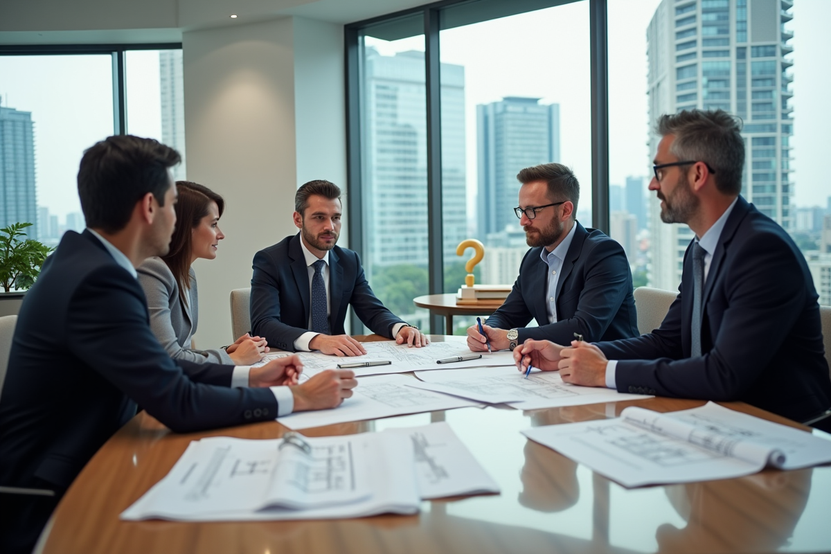 Professionnels discutant plans dans une salle de réunion