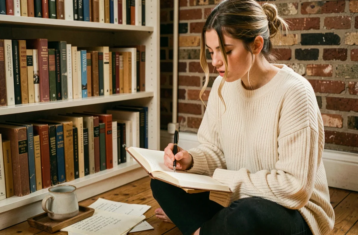 Jeune femme écrivant des rimes en ou dans un carnet de poésie, entourée de livres de vers dans un bureau chaleureux