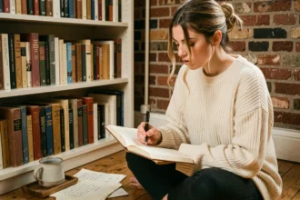 Jeune femme écrivant des rimes en ou dans un carnet de poésie, entourée de livres de vers dans un bureau chaleureux