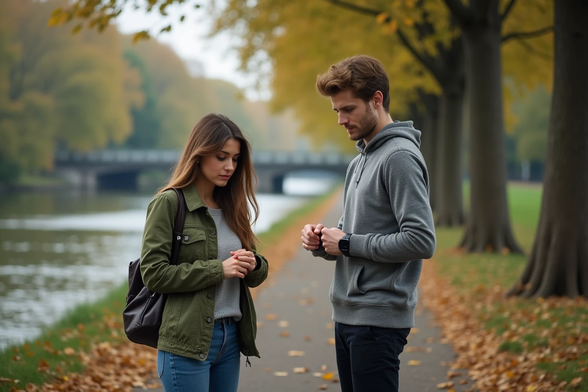Jeune homme et femme regardant leur montre au bord de l eau