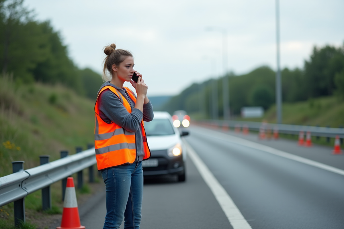 Femme en gilet de sécurité sur le bord de la route en panne