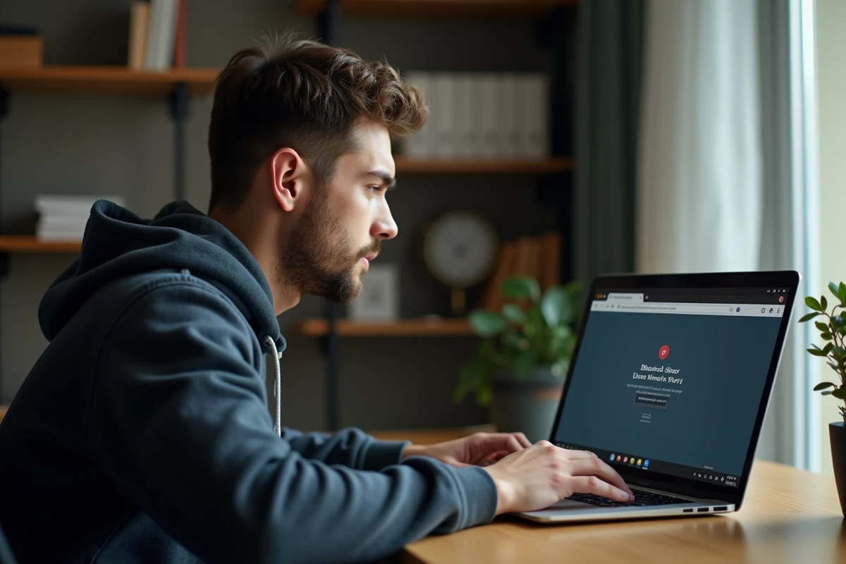 Homme frustré devant un site web bloqué sur son ordinateur portable dans un bureau à domicile