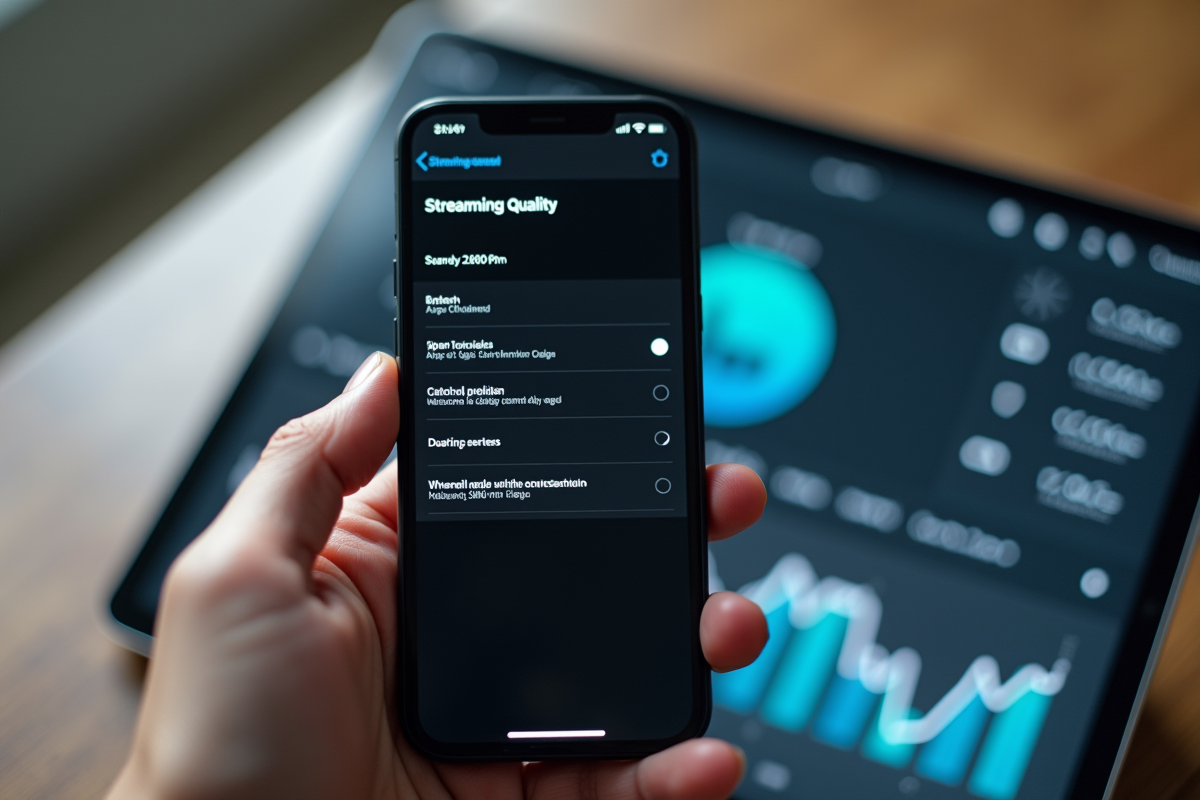 Zoom sur un smartphone avec options de streaming haute qualité