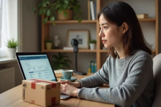 Femme suivant un colis GLS sur son ordinateur portable depuis son bureau à domicile