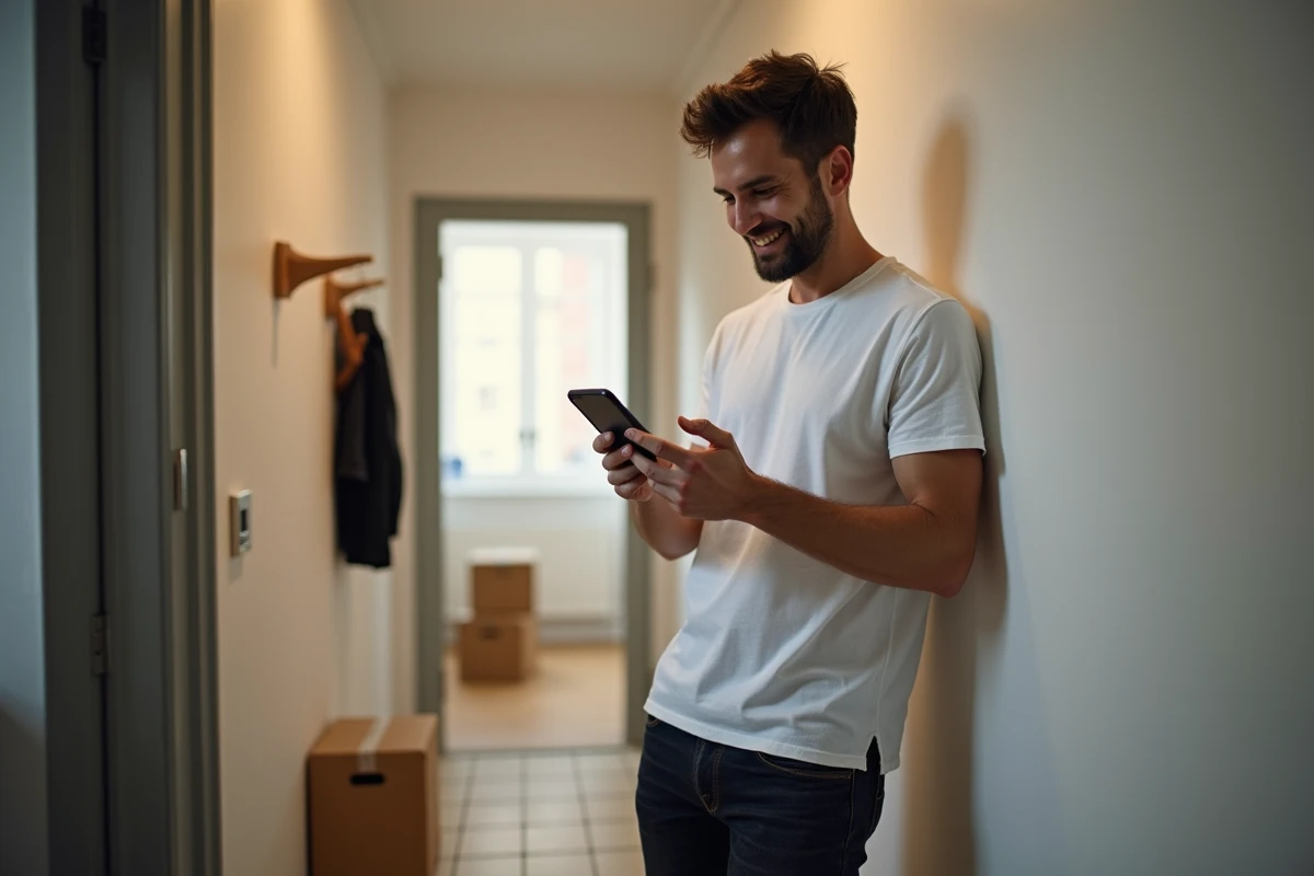 Homme consultant le suivi de livraison GLS sur son smartphone dans un couloir d'appartement