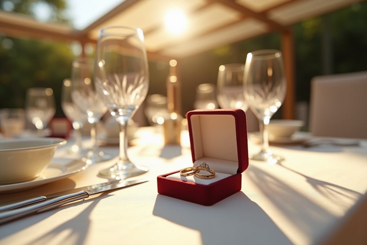 Table de mariage élégante en plein air avec alliances et cristal