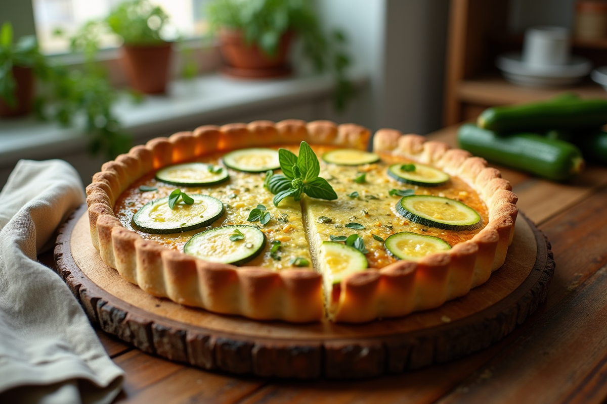 Tarte zucchini fraîche tranchée sur table en bois