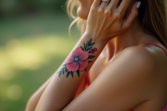 Bras d'une femme avec tatouage floral délicat en extérieur