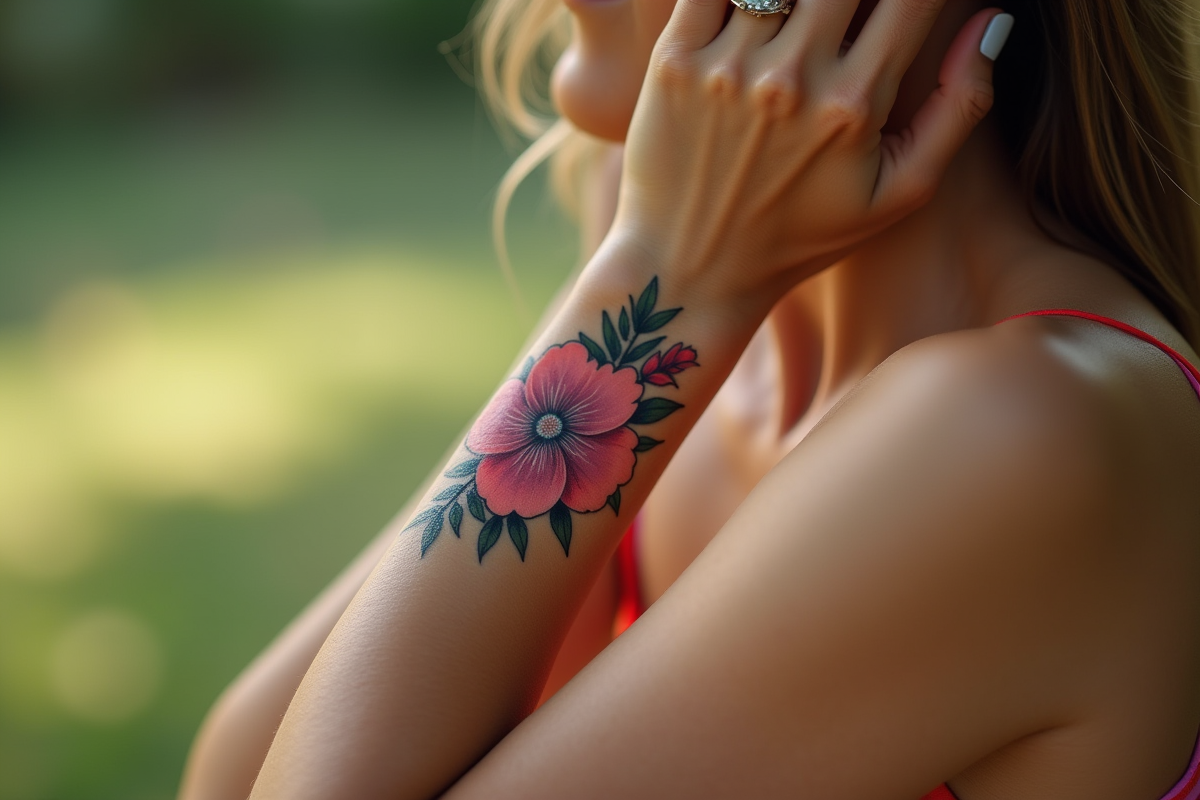 Bras d'une femme avec tatouage floral délicat en extérieur