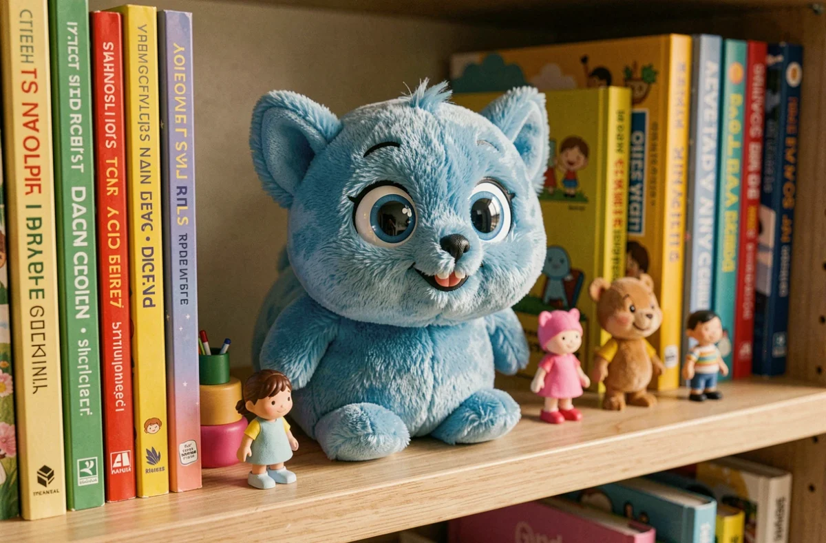 Peluche bleue représentant Tchoupie posée sur une étagère en bois dans une chambre d'enfant colorée