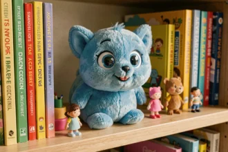 Peluche bleue représentant Tchoupie posée sur une étagère en bois dans une chambre d'enfant colorée