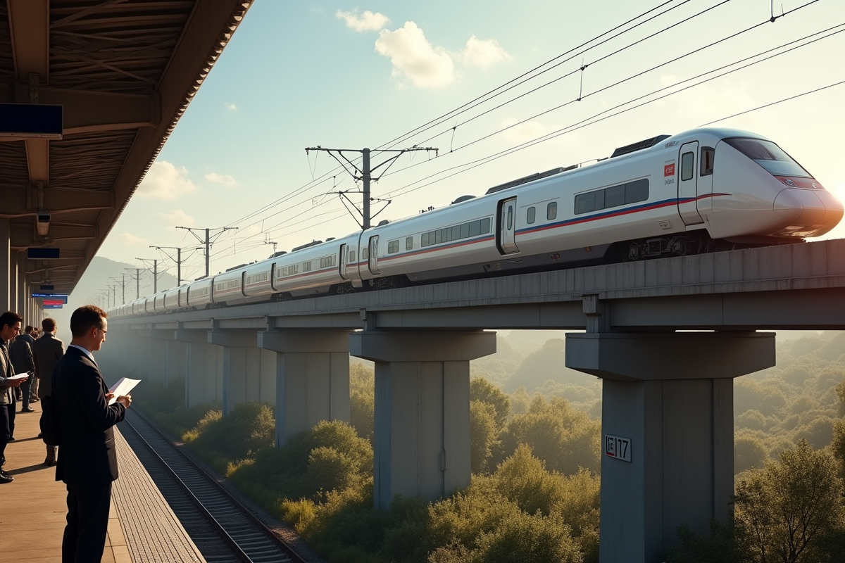TGV traversant un viaduc avec passagers en attente sur le quai