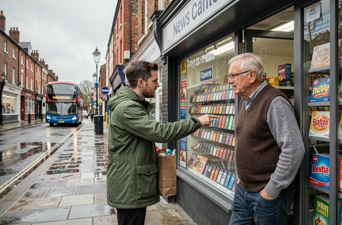 Un touriste désigne des briquets en vitrine d'un newsagent anglais en discutant avec le commerçant dans la rue