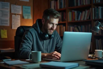 Homme à son bureau regardant un écran d'ordinateur avec des notes sur un tableau de liège, atmosphère de troll internet devenu influenceur politique