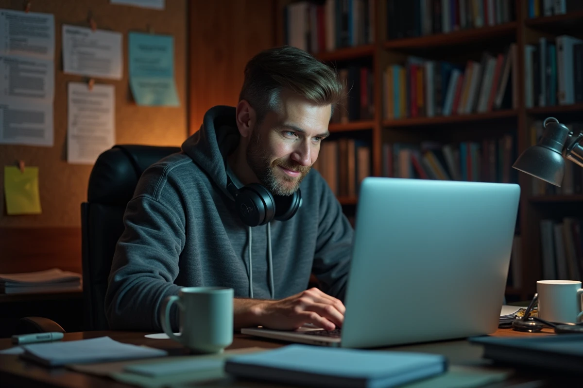 Homme à son bureau regardant un écran d'ordinateur avec des notes sur un tableau de liège, atmosphère de troll internet devenu influenceur politique
