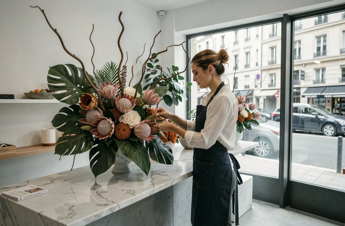 Fleuriste créative d'Un Jardin en Ville arrangeant une composition florale design dans sa boutique moderne à Dijon