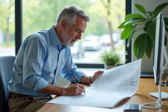 Urbaniste étudiant une carte de zonage dans un bureau lumineux