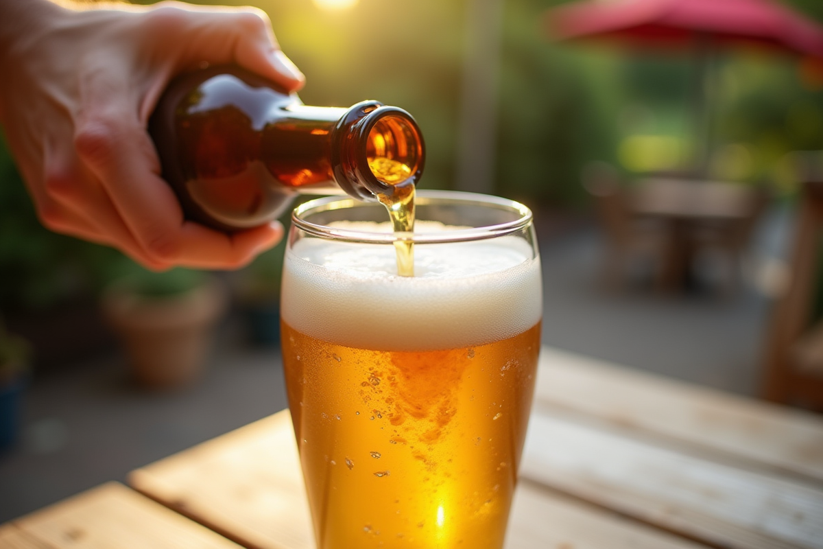 Main versant de la bière sans gluten dans un verre en extérieur
